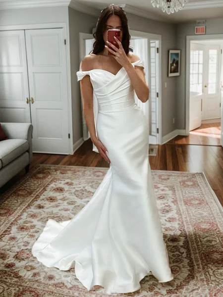 Sheath Off-the-Shoulder Pleated Court Train Satin Wedding Dress