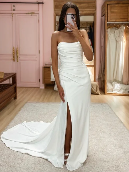 Sheath Straight Pleated Chapel Train Silk Like Satin Wedding Dress