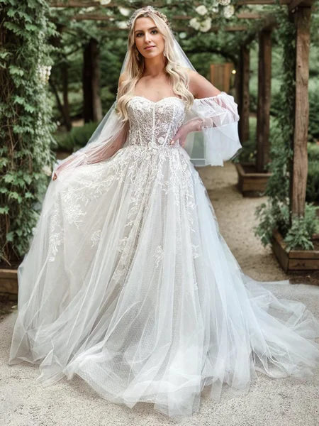 A-line Off-the-Shoulder Long Sleeves Appliques Lace Chapel Train Tulle Corset Wedding Dress