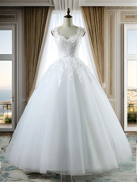 Ball Gown V-neck Sleeveless Sweetheart Floor-Length Applique Tulle Wedding Dresses