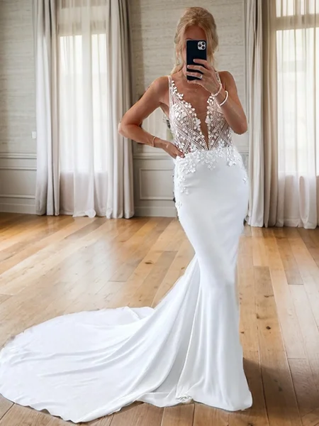 Sheath V-neck Appliques Lace Chapel Train Stretch Crepe Wedding Dress