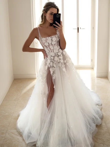 A-line Square Appliques Lace Floor-Length Tulle Corset Wedding Dress