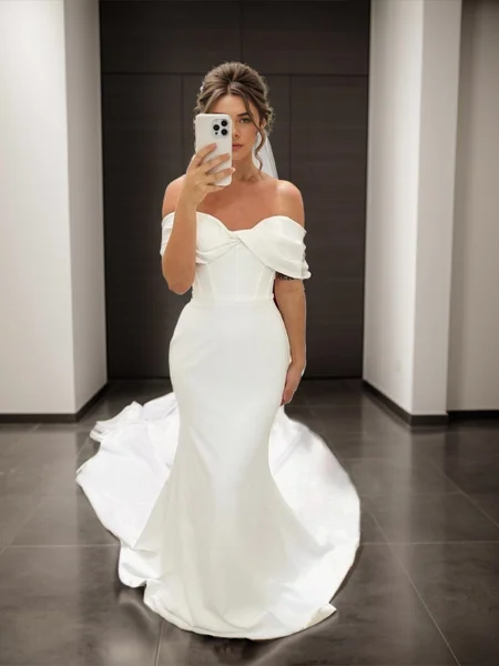 Sheath Off-the-Shoulder Pleated Cathedral Train Corset Wedding Dress