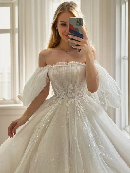 Ball-Gown Off-the-Shoulder Short Sleeves Appliques Lace Cathedral Train Tulle Wedding Dress