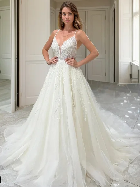 A-line V-neck Cathedral Train Tulle Wedding Dress