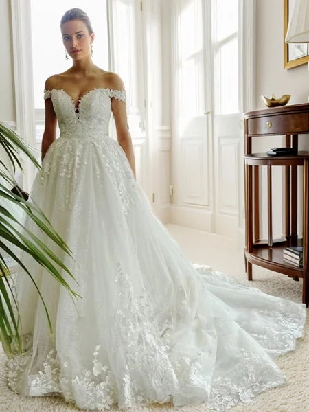 A-line Off-the-Shoulder Appliques Lace Cathedral Train Tulle Wedding Dress