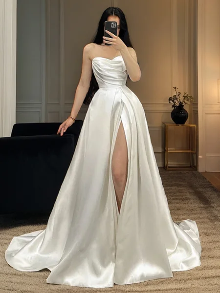 A-line Straight Pleated Court Train Satin Wedding Dress