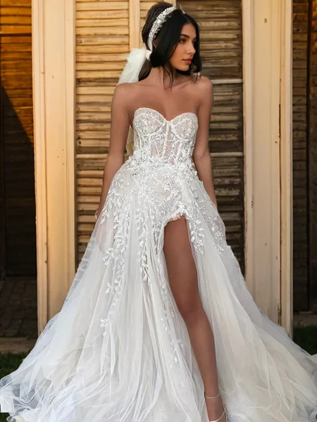 A-line Sweetheart Appliques Lace Sweep Train Tulle Corset Wedding Dress