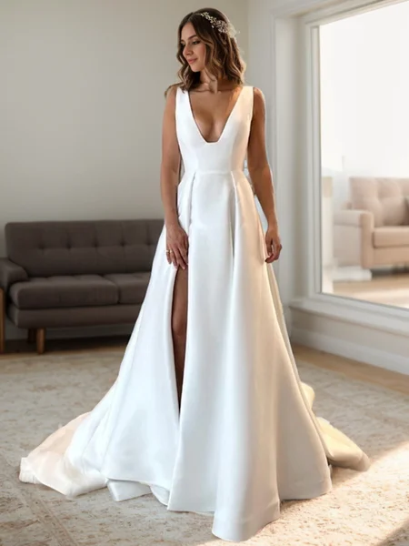 A-line V-neck Court Train Satin Wedding Dress