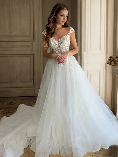 A-line Sweetheart Appliques Lace Cathedral Train Tulle Wedding Dress