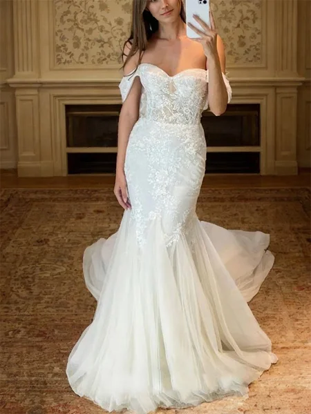 Sheath Off-the-Shoulder Appliques Lace Chapel Train Tulle Wedding Dress