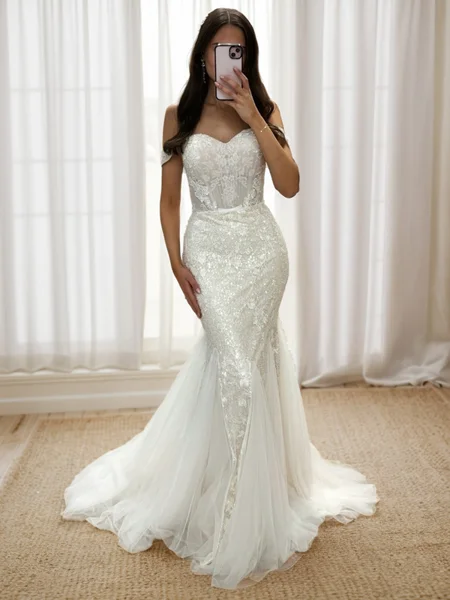 Sheath Off-the-Shoulder Appliques Lace Sweep Train Sequins Wedding Dress