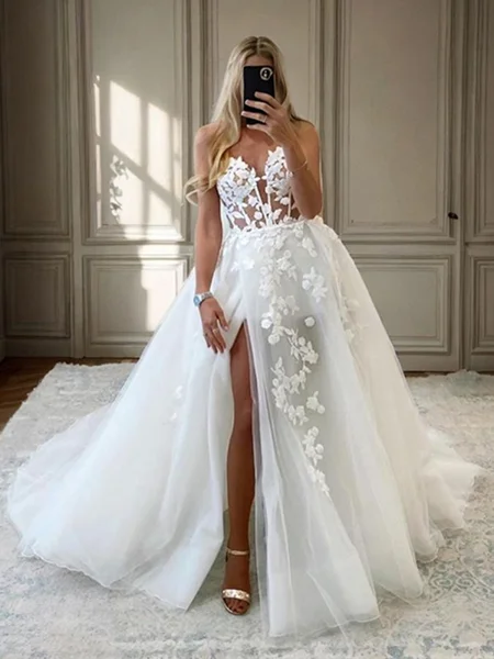 A-line Sweetheart Appliques Lace Chapel Train Tulle Corset Wedding Dress