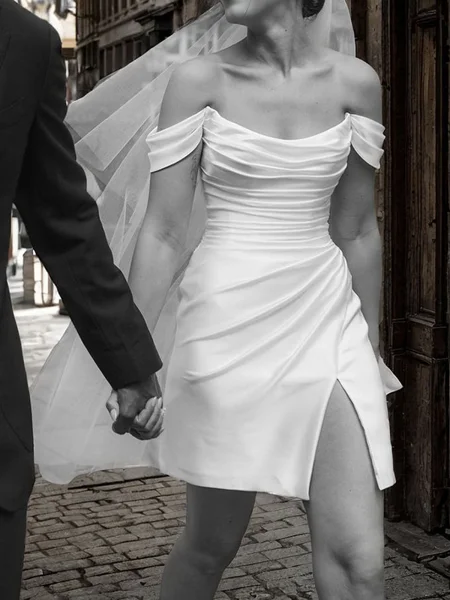 Sheath Off-the-Shoulder Pleated Short/Mini Charmeuse Wedding Dress