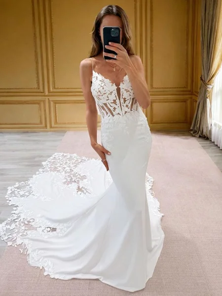 Mermaid V-neck Appliques Lace Cathedral Train Stretch Crepe Corset Wedding Dress