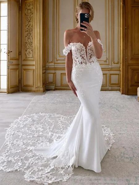 Mermaid Off-the-Shoulder Appliques Lace Cathedral Train Stretch Crepe Corset Wedding Dress