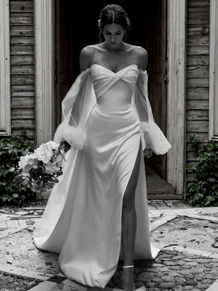 Column Off-the-Shoulder Long Sleeves Pleated Court Train Jersey Wedding Dress