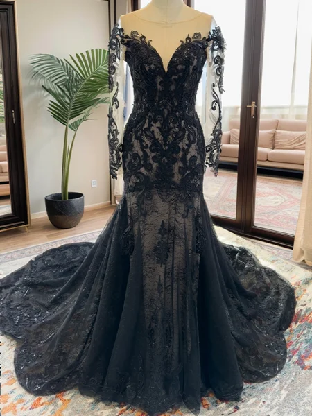 Mermaid Bateau Long Sleeves Appliques Lace Cathedral Train Tulle Wedding Dress