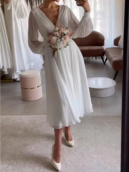 A-line V-neck Long Sleeves Pleated Tea-Length 30D Chiffon Wedding Dress