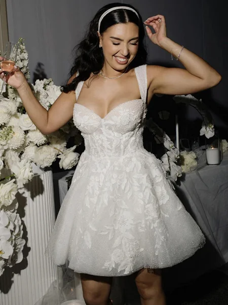 A-line Straps Appliques Lace Short/Mini Tulle Corset Wedding Dress