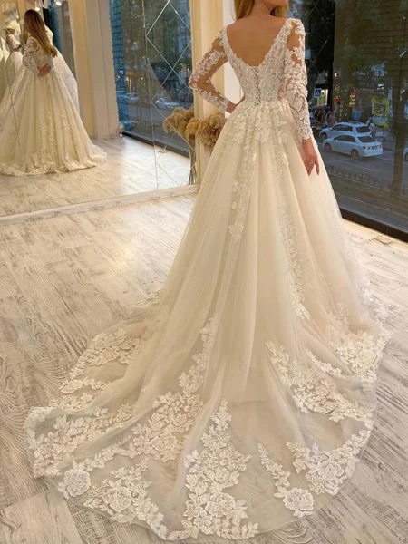 A-line V-neck Long Sleeves...