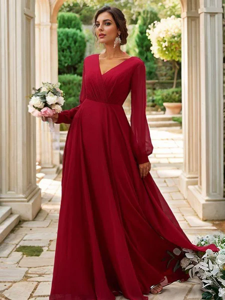 A-Line/Princess Chiffon Ruched V-neck Long Sleeves Floor-Length Bridesmaid Dresses