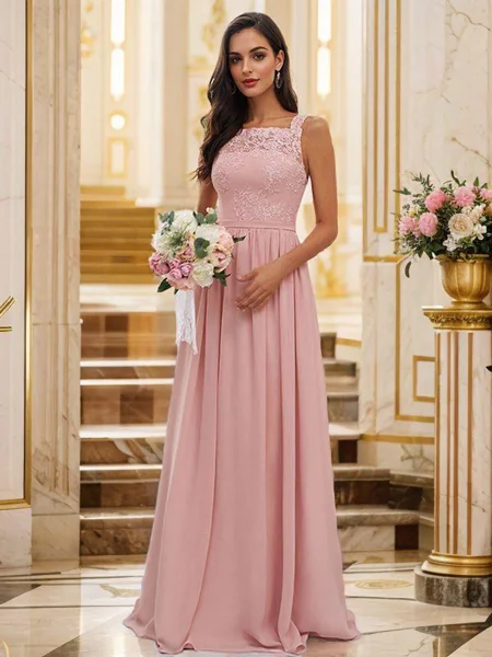 A-Line/Princess Chiffon Applique Square Sleeveless Floor-Length Bridesmaid Dresses