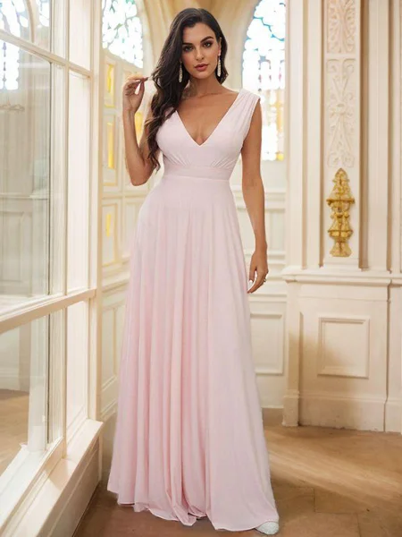 A-Line/Princess Jersey Ruffles V-neck Sleeveless Floor-Length Bridesmaid Dresses