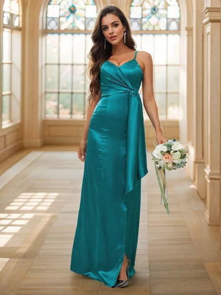 A-Line/Princess Silk Like Satin Ruched Spaghetti Straps Sleeveless Floor-Length Bridesmaid Dresses