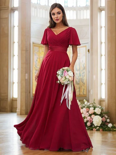 A-Line/Princess Chiffon Ruched V-neck Short Sleeves Sweep Train Bridesmaid Dresses
