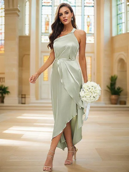 A-Line/Princess Silk like Satin Ruched One-Shoulder Sleeveless Tea-Length Bridesmaid Dresses