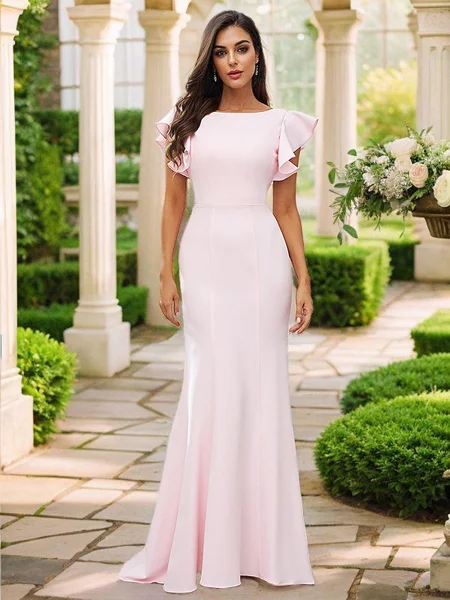 Sheath/Column Stretch Crepe Ruffles Scoop Short Sleeves Sweep Train Bridesmaid Dresses