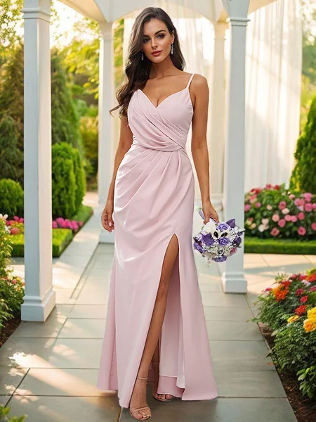 A-Line/Princess Stretch Crepe Ruched V-neck Sleeveless Floor-Length Bridesmaid Dresses