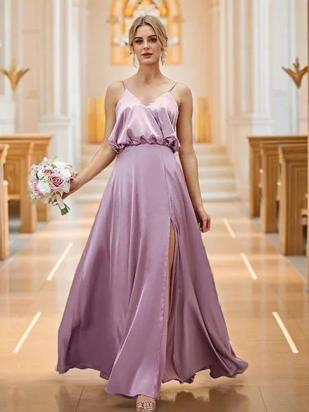 A-Line/Princess Silk like Satin Ruched V-neck Sleeveless Floor-Length Bridesmaid Dresses