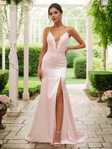 Sheath/Column Silk like Satin Ruched V-neck Sleeveless Sweep Train Bridesmaid Dresses