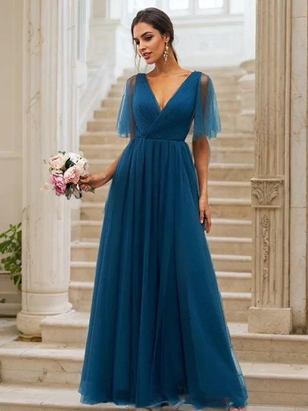 A-Line/Princess Tulle Ruffles V-neck Short Sleeves Floor-Length Bridesmaid Dresses