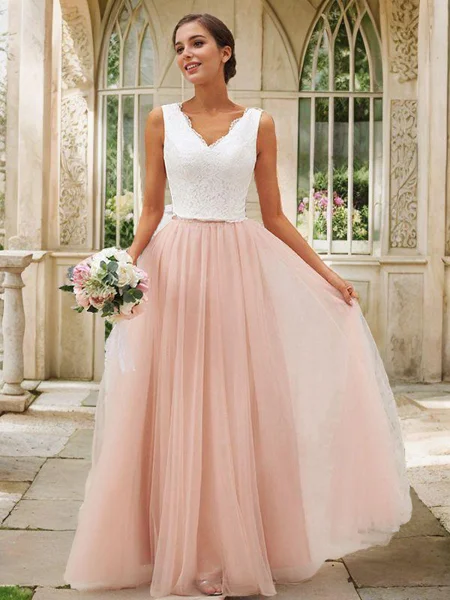 A-Line/Princess Tulle Lace V-neck Sleeveless Floor-Length Bridesmaid Dresses