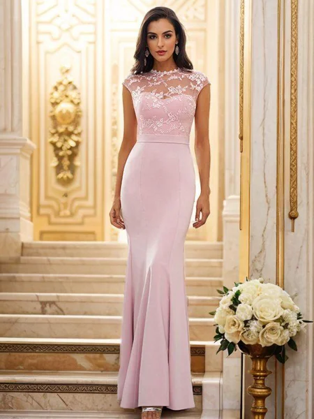 Trumpet/Mermaid Stretch Crepe Applique High Neck Sleeveless Floor-Length Bridesmaid Dresses
