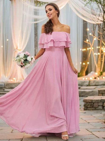 A-Line/Princess Chiffon Ruffles Off-the-Shoulder Sleeveless Floor-Length Bridesmaid Dresses