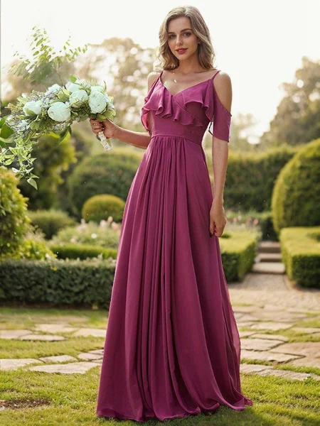 A-Line/Princess Chiffon Ruffles V-neck Sleeveless Floor-Length Bridesmaid Dresses