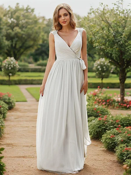 A-Line/Princess Chiffon Ruffles V-neck Sleeveless Floor-Length Bridesmaid Dresses