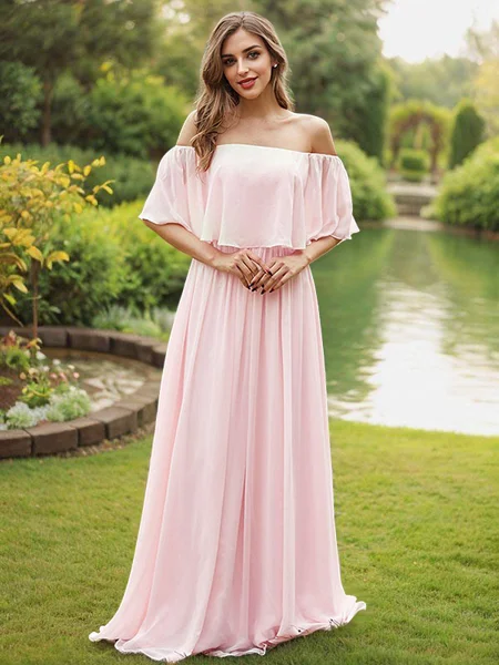 A-Line/Princess Chiffon Ruffles Off-the-Shoulder Short Sleeves Sweep Train Bridesmaid Dresses