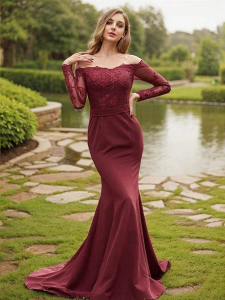 Sheath/Column Stretch Crepe Applique Off-the-Shoulder Long Sleeves Sweep Train Bridesmaid Dresses