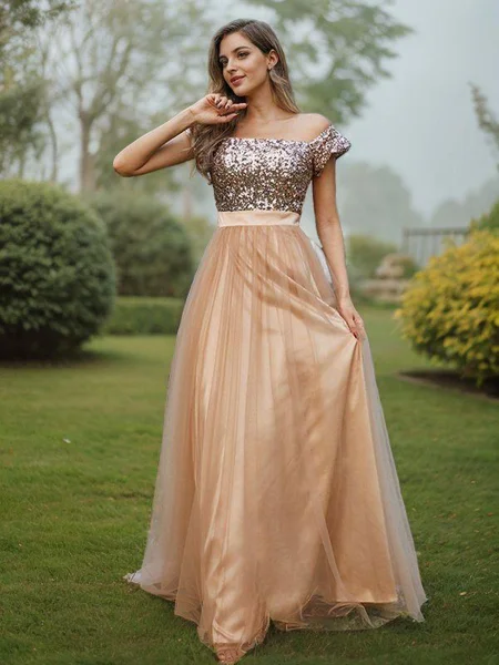 A-Line/Princess Tulle Sequin Off-the-Shoulder Sleeveless Floor-Length Bridesmaid Dresses