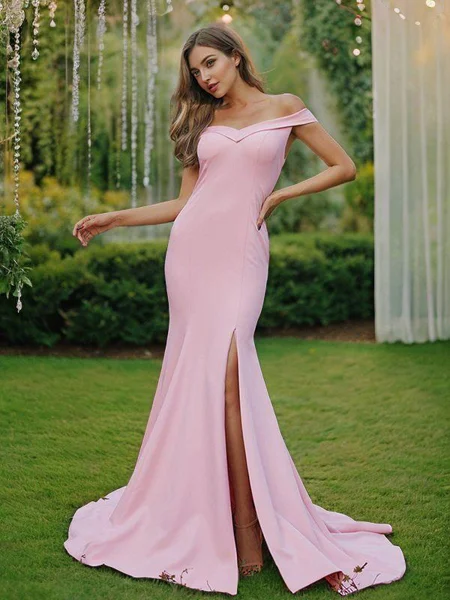 Sheath/Column Stretch Crepe Ruched Off-the-Shoulder Sleeveless Sweep Train Bridesmaid Dresses