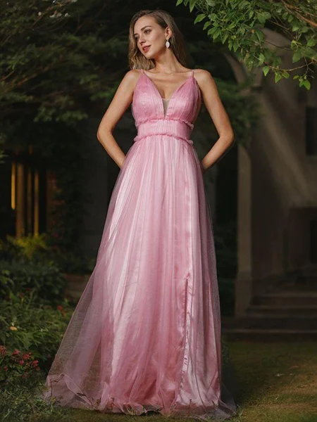 A-Line/Princess Tulle Ruffles V-neck Sleeveless Sweep Train Bridesmaid Dresses