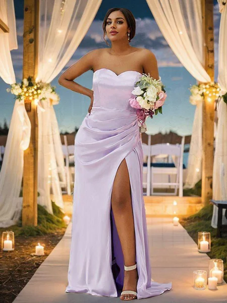 Sheath/Column Silk like Satin Ruched Sweetheart Sleeveless Sweep Train Bridesmaid Dresses