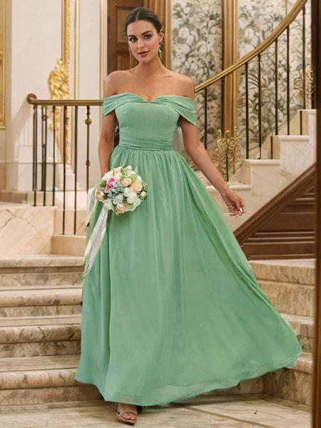 A-Line/Princess Chiffon Ruffles Off-the-Shoulder Sleeveless Floor-Length Bridesmaid Dresses