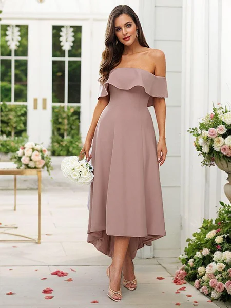 A-Line/Princess Stretch Crepe Ruffles Off-the-Shoulder Sleeveless Asymmetrical Bridesmaid Dresses