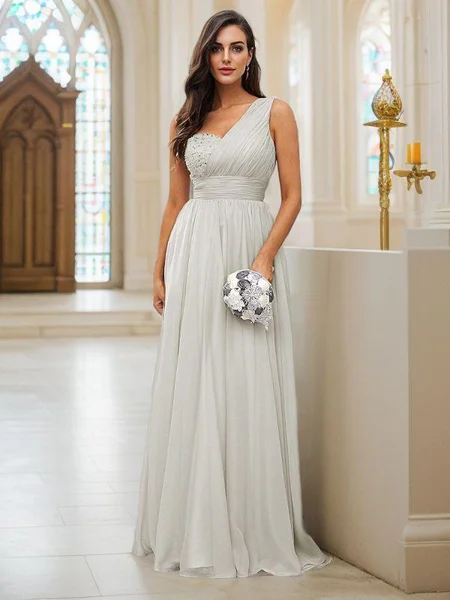 A-Line/Princess 30D Chiffon Sequin One-Shoulder Sleeveless Floor-Length Bridesmaid Dresses